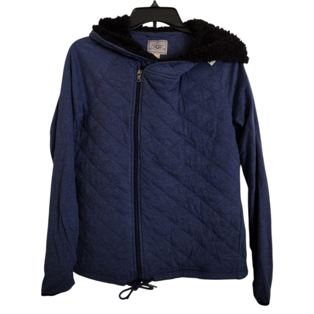 UGG blue asymmetrical zipper quilted jacket with hood size medium